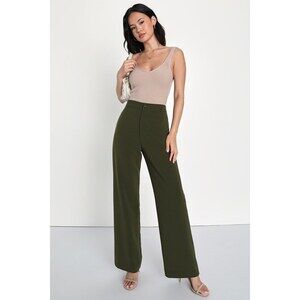 Lulus A Power Mood Olive Green High-waisted Wide Leg Trouser Pants - Size S